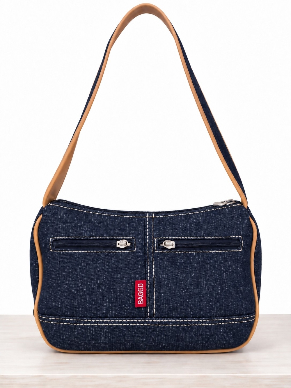 Denim Shoulder Bag in Navy with Tan Trim